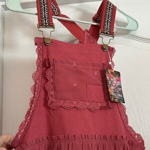 Rust Red Lace-Trim Overalls Dress with Embroidered Pocket